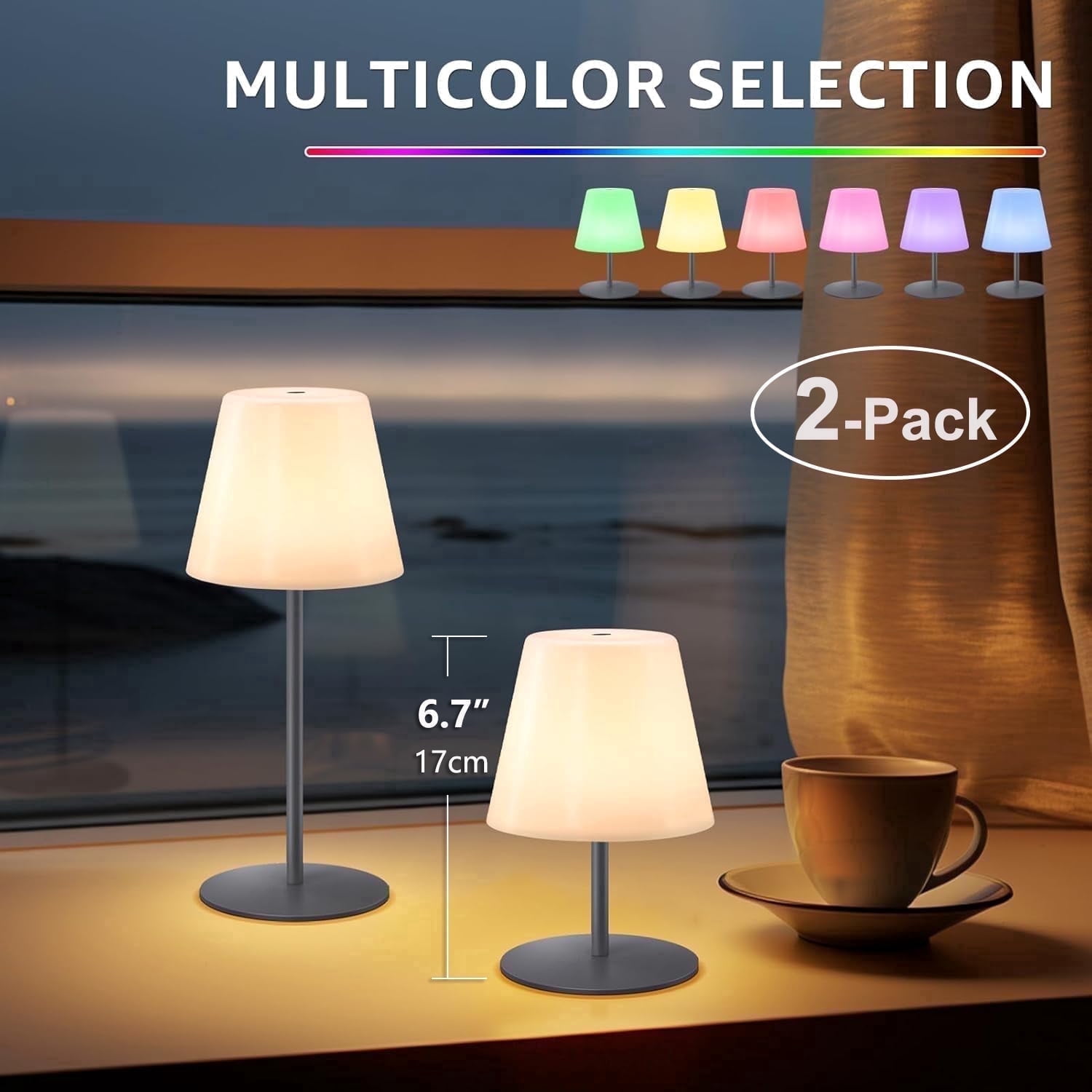 Postlucky 2-Pack Touch Table Lamps, Cordless Small Cute Lamps with Dimmable Color, Height Adjustable, Matte Gray