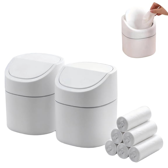 2 Pack Mini Desk Trash Can with Lid, Swing-Lid Small Table Top Plastic Waste Basket Countertop Tiny Garbage Bin with 180 Pcs Disposable Trash Bags