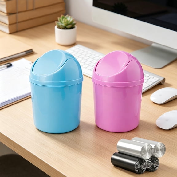 2-Pack Mini Desktop Trash Can Set with Swing Lids - 120 Trash Bags Included, Small Plastic Wastebaskets for Home, Office, Kitchen, Vanity & Bathroom (Blue + Purple)