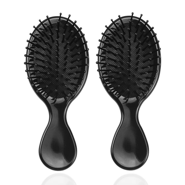2 Pack Bright Black Mini Detangling Hair Brush Set, Travel Size, Soft