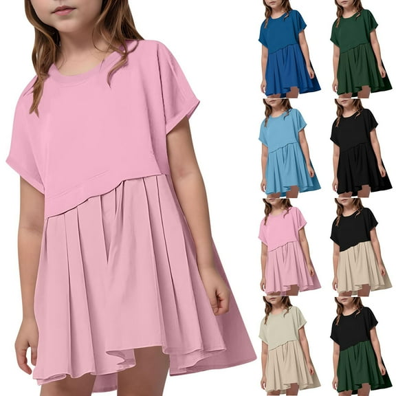 2 Pack Mini Dresses for Teens Girls 5-14 Years Kids Short Sleeve Crew Neck Solid Color Loose Comfort Pleated Going-Out Sports Dress