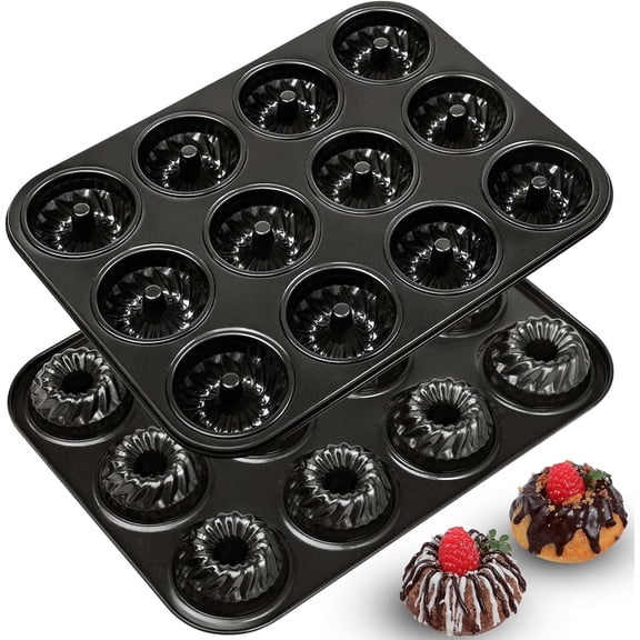 2 Pack Mini Fluted Tube Cake Pan, Non-Stick 2.8 Inch Cake Pans, Heavy Gauge Carbon Steel 12-Cavity