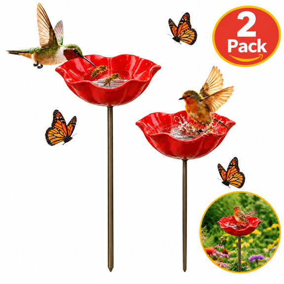 2 Pack Mini Handmade Metal Flower Bird Bath & Birdfeeder with ground insert feet, Multi-Purpose Outdoor Bowl Decor for Garden and Patio, Nature Lover Gift
