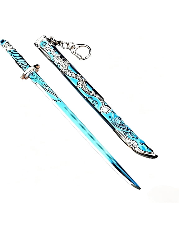 2 Pack Mini Katana Sword Keychains, Blue Dragon Engraved Metal Sword Pendants with Sheaths for Keys, Bags, Anime-Style Collections and Desktop Display