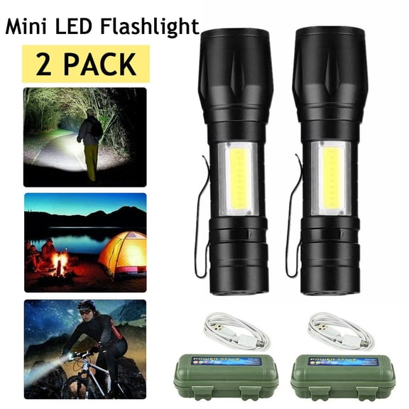 2-Pack Mini LED Flashlights  USB Rechargeable Zoomable COB Work Light Waterproof Camping Torch with Clip