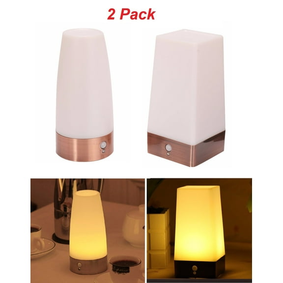 2 Pack Mini Motion Sensor Night Light Lamps, Portable Wireless PIR LED Light Battery Operated Table Lamp for Bedroom Hallway Kitchen, Round&Square, Warm White