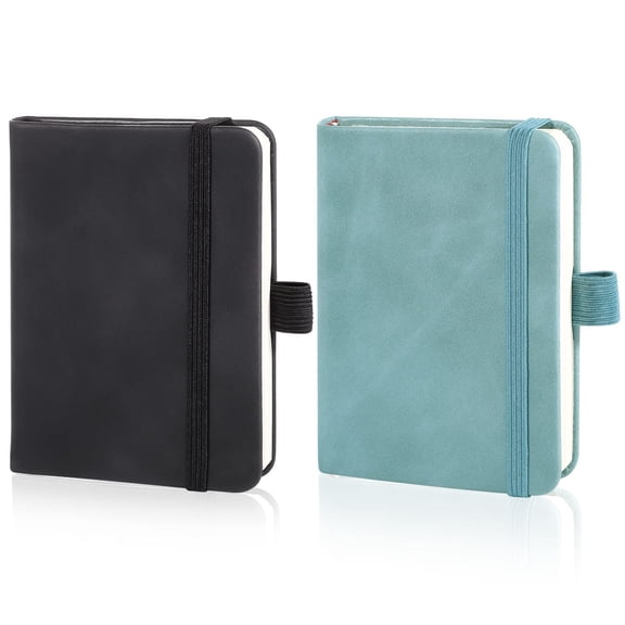 2 Pack Mini Notebooks, 3.15 ×4.33 Inch Pocket Notebook Small Leather Notebooks, Hardcover Pocket Journal Tiny Notebook for Men, 100 Sheets Thick Lined Paper per Notepad (Black, Light Blue)