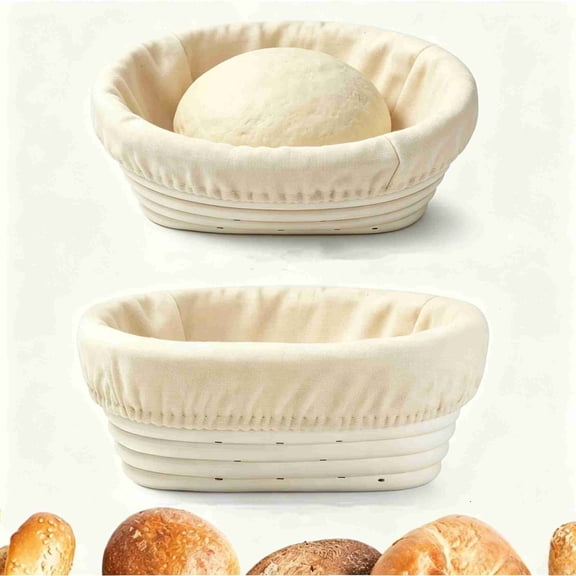 2 Pack Mini Oval Bread Proofing Baskets with Cloth Liners, Rattan Style Plastic Banneton Dough Rising Bowl for Small Sourdough Loaf