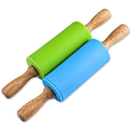 2 Pack Mini Rolling Pin for Kids,9 Inch Wooden Handle Rolling Pin,Silicone Rolling Pins,Rolling Pin for Children Cake Baking,Rolling Pin with Non-stick Surface Wood Handle (Blue,Green)