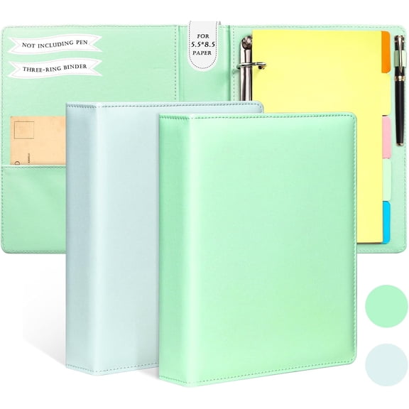 2 Pack Mini Size 3 Ring Binder 1 inch Rings 5 Colors Dividers Pu Leather Binders 5.5" X 8.5" Holds 200 Sheets Paper Three Ring Binder DRing with Pen Loop 1 Pockets School Office (Green&Blue)