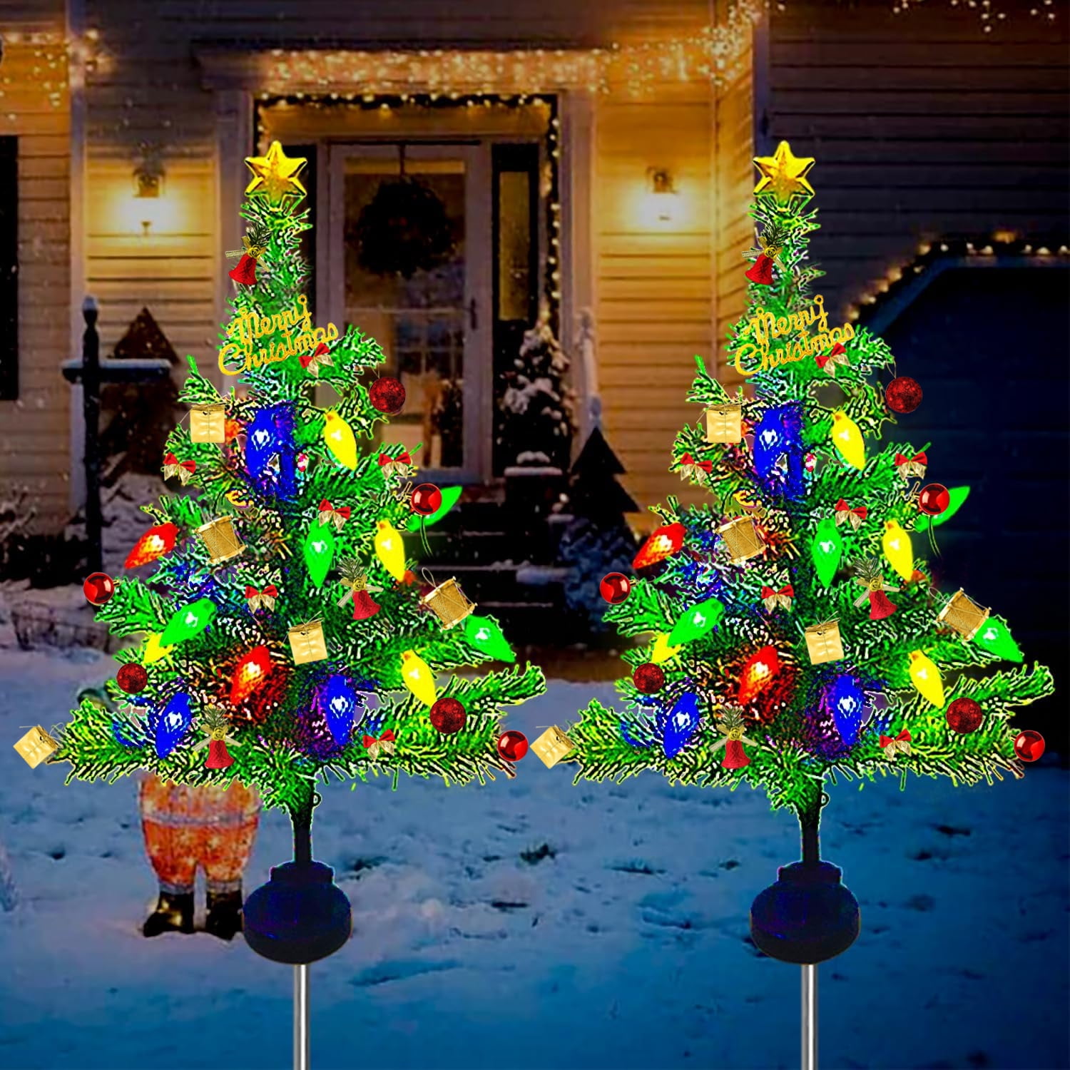 2-Pack Mini Solar Prelit Christmas Tree Xmax Stake Lights Tree Outdoor ...
