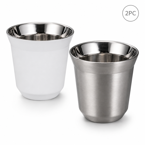 2 Pack Mini Stainless Steel Tea Cups, Food Grade 304 Double Wall Water Cups, Simple Portable Drink Cups with Smooth Rim and Non-Slip Bottom for Tea, Water, Coffee and Daily Use