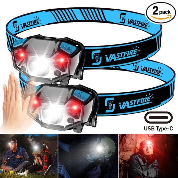 2 Pack Mini Strong LED Headlamp, Wave Motion Sensor USB Rechargeable Red Light Head Torch For Running Night Fishing