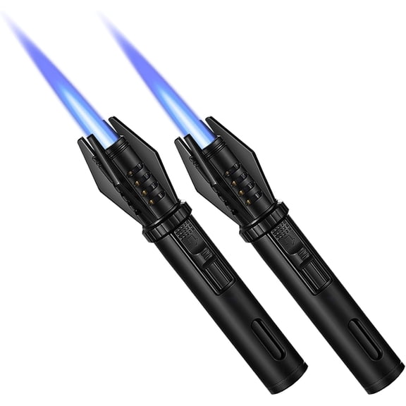2 Pack Mini Torch Lighter Straight Flame Small Refillable Butane Lighter Pocket Windproof Jet Flame with Visual Window for Survival Kitchen Camping Candles Fireplace BBQ Gift, 5" (Without Fuel)