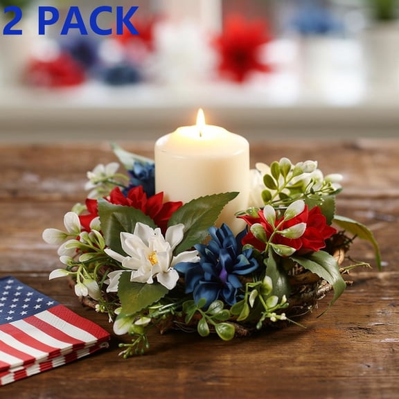 2 Pack Mini Wreath Red White & Blue Star Mixed Berries & Pip Berry Candle Rings, Patriotic Fourth of July Berries Candle Rings Small Wreaths,4 inch Center for Pillar Candle (Multicolor-2pc),A