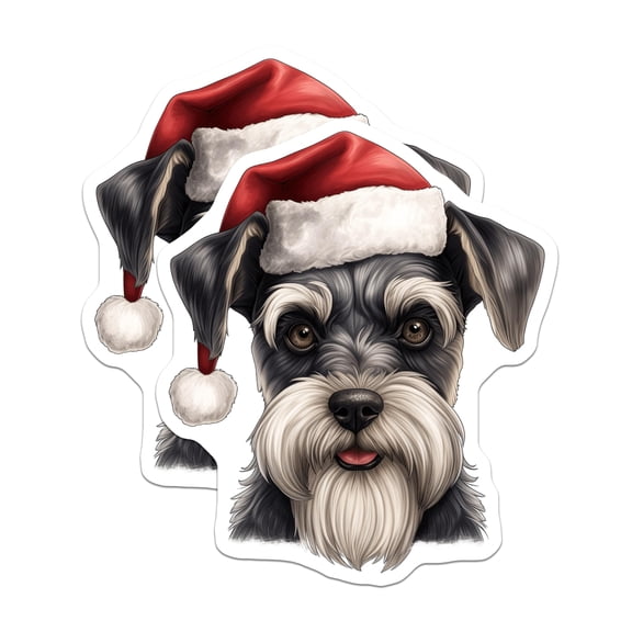 (2 Pack) Miniature Schnauzer Dog Stickers - Festive Christmas Santa Hat Pet Decals - Happy Holiday Pet Parent Accessory - 5" On Longest Side - Sticks to Smooth Flat Surfaces - Made in USA - BMCS24993