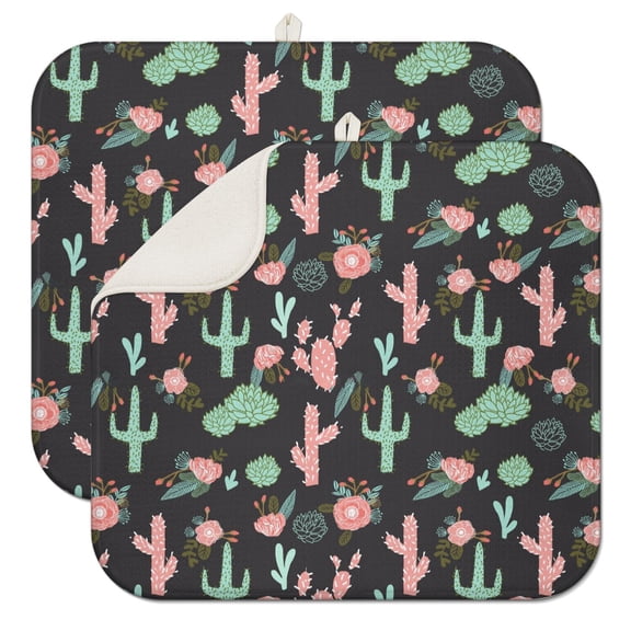 2 Pack Minimalist Cactus Dish Mats Absorbent Countertop Protector, Heat Resistant & Compact (Kawaii Succulent)