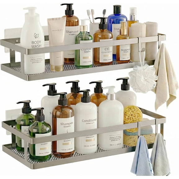 2-Pack Minimalist Shower Caddy Wall Mount, Open Frame Bathroom Shelf Organizer with Mesh Base, Rustproof Floating Spice Rack for Kitchen, Holds 50 LBS, 4 Hooks - Silver Gray, Guardrail