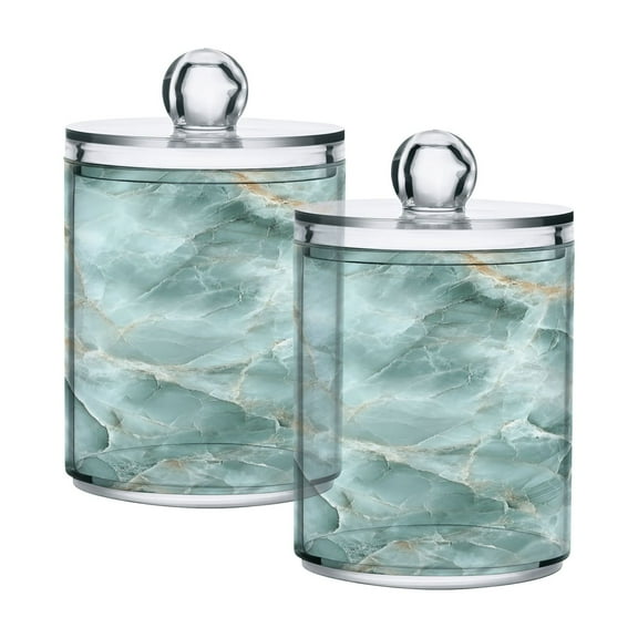 2 Pack Mint Green Marble Qtip Holder Dispenser Clear Plastic Storage Apothecary Jars for Cotton Swabs Balls Pads Floss