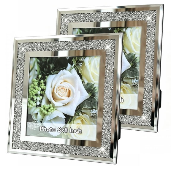 2-Pack Mirror Photo Frame Silver Diamond Tabletop &Wall