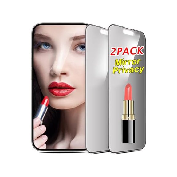 2 Pack Mirror Screen Protector for iPhone 14 Pro Max for iPhone 15 Plus Privacy Tempered Glass Mirrored Effect Anti-Spy Easy Installation Frame Full Coverage 9H Anti-Scratch 6.7 Inch (Silver)