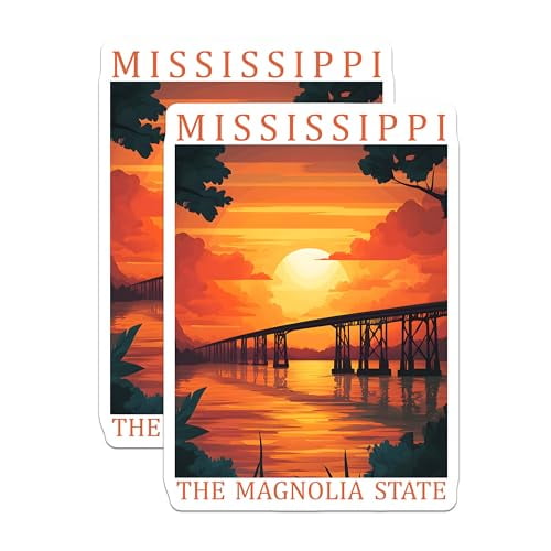 (2 Pack) Mississippi State Magnets - Magnolia Decor - Sunset Bridge Souvenirs - 5" On Longest Side - Premium Magnet - for Cars, Refrigerators, Toolboxes, Lockers - Made in USA - MAG18550