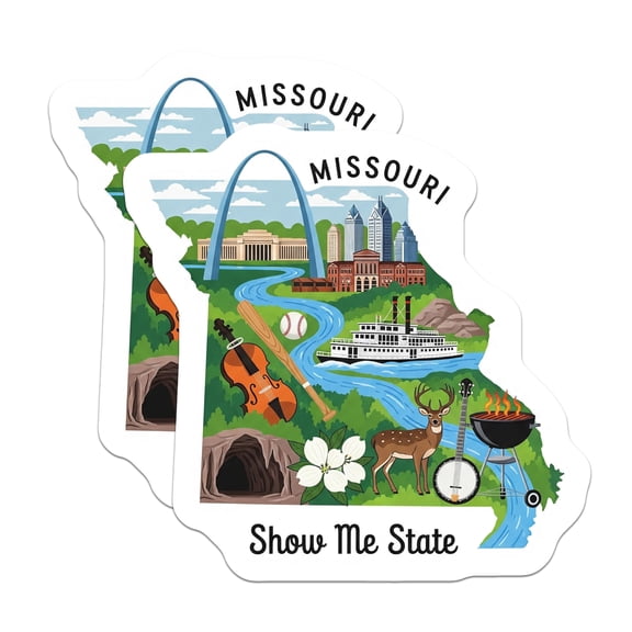(2 Pack) Missouri Stickers - Show Me State Decals - Landmarks Icons Art - 5" On Longest Side - Sticks to Smooth Flat Surfaces - Made in USA - BMCS14822