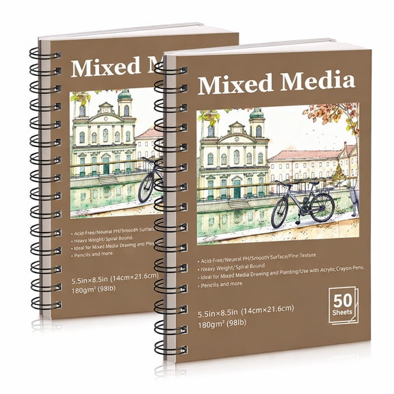 2 Pack Mixed Media Sketchbook, 5.5x8.5 inches Drawing Paper, 98lb/160gsm Heavyweight Spiral Bound Sketch Pads