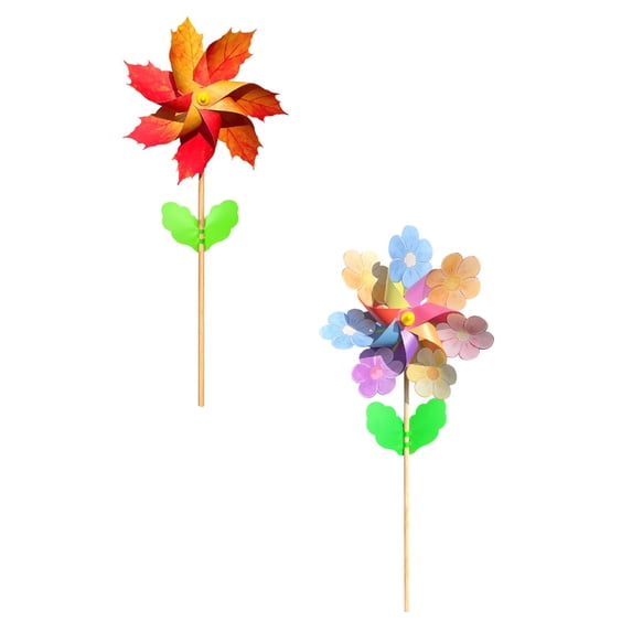 2 Pack Mixed Style Pinwheels Wind Spinners Outdoor, 11 Inch Garden Pinwheels with Wooden Stake, Decorative Pinwheels for Yard Lawn Party Outdoor Ornament