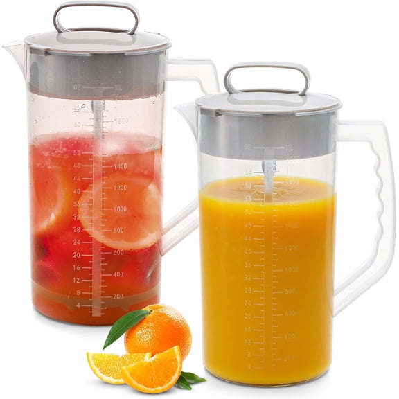 2 Pack Mixing Pitcher for Drinks 2 Quart/ 64oz Plastic Water Pitcher with Lid, Easy-Mix Angled Plastic Blades and Adjustable Mixer Plunger Container for Juice, Milk, Tea, Beverage Container