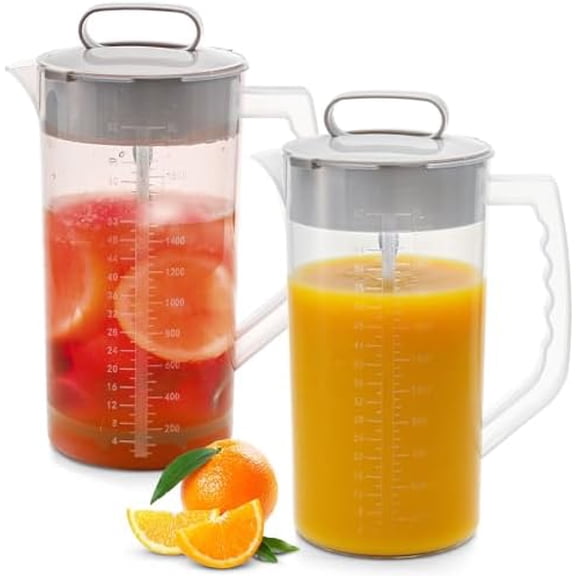 2 Pack Mixing Pitcher for Drinks 2 Quart/ 64oz Plastic Water Pitcher with Lid, Easy-Mix Angled Plastic Blades and Adjustable Mixer Plunger Container for Juice, Milk, Tea, Beverage Container$$