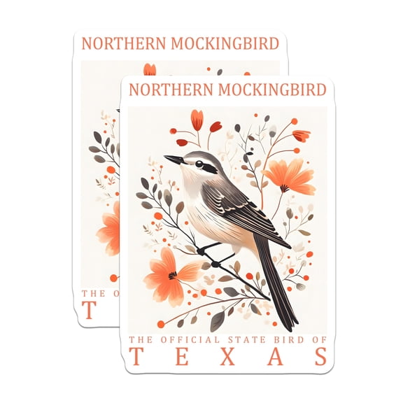 (2 Pack) Mockingbird Stickers - Texas State Bird Decals - Bird Lover Stickers - 5" On Longest Side - Sticks to Smooth Flat Surfaces - Made in USA - BMCS17708