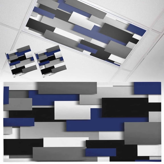 2 Pack Modern Abstract Art Fluorescent Light Covers for Ceiling Lights Navy Gray Black Rectangular Geometric Magnetic Ceiling Light Covers Overhead Light Filters for Office Classroom Home