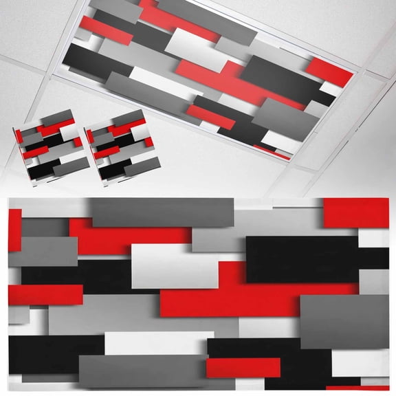 2 Pack Modern Abstract Art Fluorescent Light Covers for Ceiling Lights Red Gray Black Rectangular Geometric Magnetic Ceiling Light Covers Overhead Light Filters for Office Classroom Home