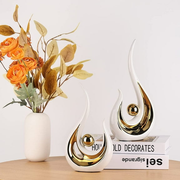 2-Pack Modern Abstract Art Home Decor Accent, Contemporary Statues Coffee Table Decor for Living Room, Dining Room Centerpieces, Ceramic Sculptures and Gold Knick Knacks for TV Stand Decor