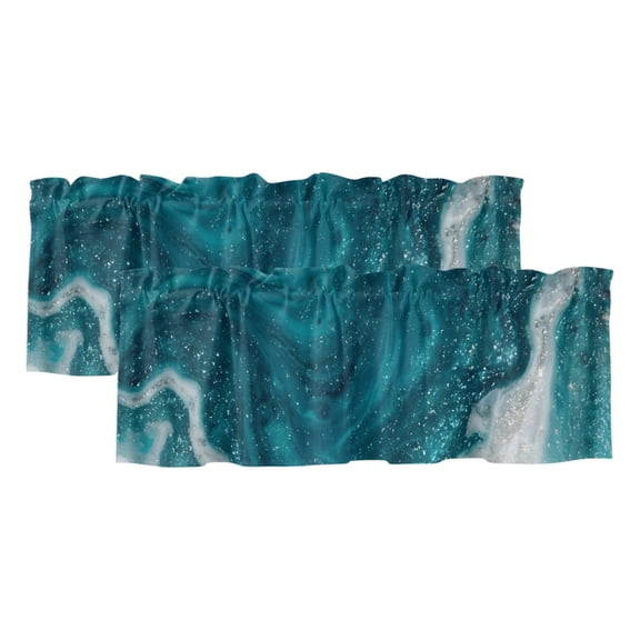 2 Pack Modern Art Valance for Window Ocean Wave Deep Teal Silver Gradient Fluid Marble Kitchen Valance Rod Pocket Short Curtain Topper Decorative Window Treatment for Living Room Bedroom 54"x18"