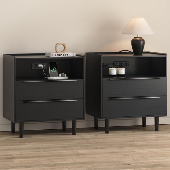 2 Pack Modern Black Nightstand with Hidden Charging Station, USB Ports, Cable Hole, Tray Top & 2 Drawers – 24" Bedside Table for Bedroom