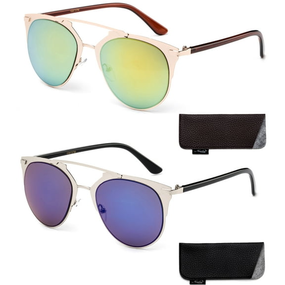 2 Pack Modern Design Metal Frame Butterfly Flash Mirror Lens Fashion Sunglasses for Women