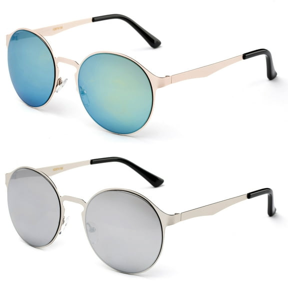2 Pack Modern Design Metal Frame Round Flash Mirror Lens Fashion Sunglasses for Women