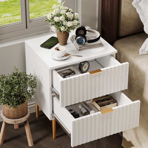2-Pack Modern Fluted Bedside Tables with Charging Station, 2 Drawers & USB-A Ports, Gold Accent Legs, Compact Wood Nightstands for Bedroom & Living Room