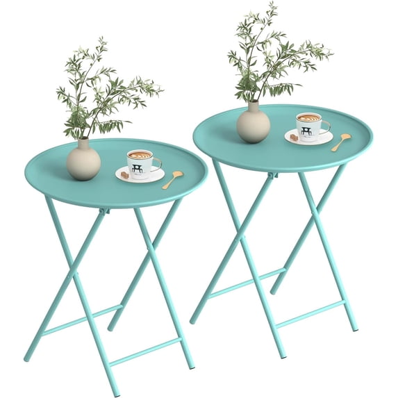 2 Pack Modern Folding TV Tray Tables, Round Metal Outdoor Side Table, Compact Snack Dinner Table for Home & Small Space Use
