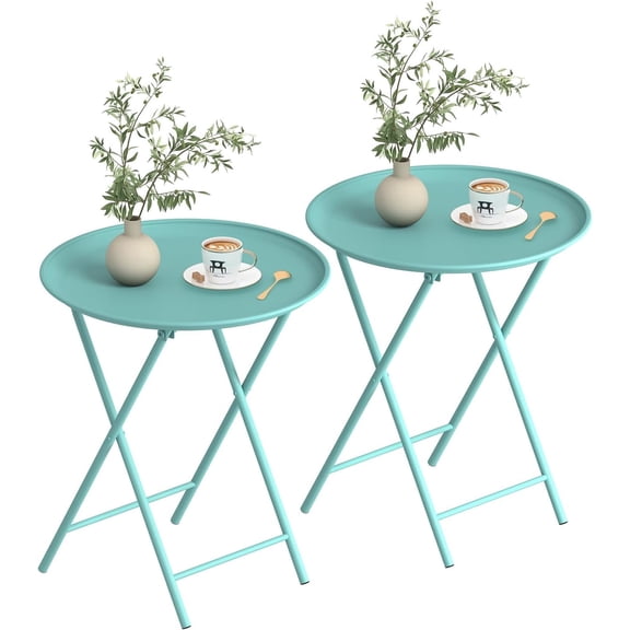 2 Pack Modern Folding TV Tray Tables, Round Metal Outdoor Side Table, Compact Snack Dinner Table for Home & Small Space Use