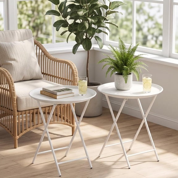 2 Pack Modern Folding TV Tray Tables, Round Metal Outdoor Side Table, Compact Snack Dinner Table for Home & Small Space Use