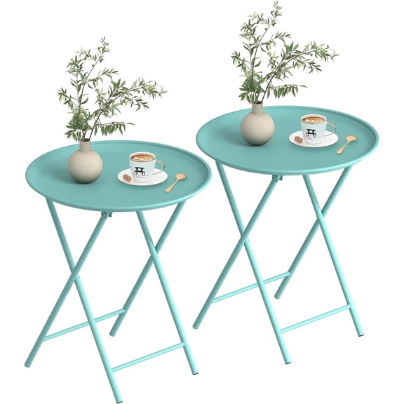 2 Pack Modern Folding TV Tray Tables, Round Metal Outdoor Side Table, Compact Snack Dinner Table for Home & Small Space Use