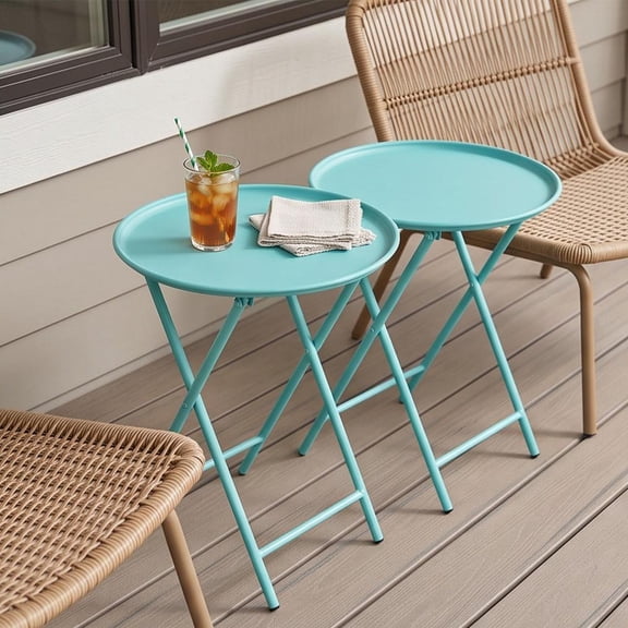 2 Pack Modern Folding TV Tray Tables, Round Metal Outdoor Side Table, Compact Snack Dinner Table for Home & Small Space Use