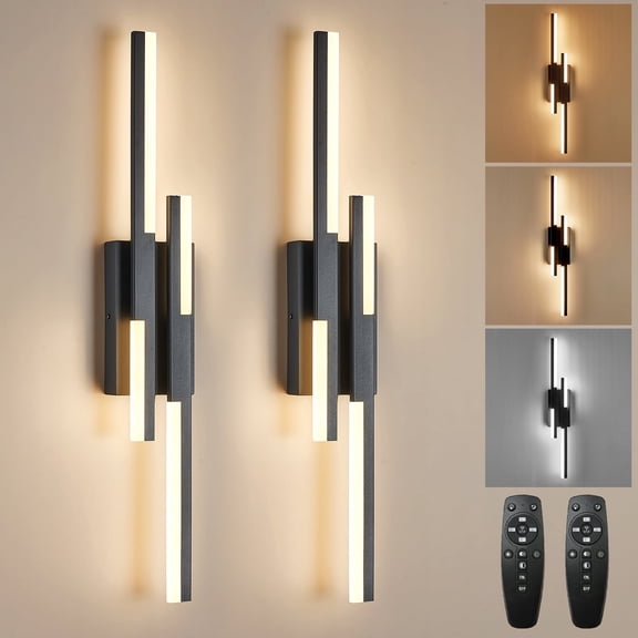 2 Pack Modern LED Wall Sconce Black Remote Wall Light Fixtures for Bathroom, Dimmable Vanity Light Indoor LED Remote Wall Sconce for Bedside Bedroom Living Dining Room