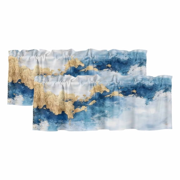2 Pack Modern Marble Texture T Valance for Window Blue Gold Abstract Fusion Kitchen Valance Rod Pocket Short Curtain Topper Decorative Window Treatment for Living Room Bedroom 42"x12"
