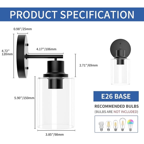 2-Pack Modern Matte Black Bathroom Vanity Wall Lights, Wall-Mounted Fixture with Clear Glass Shades, Value Offer for Over-Mirror Lighting with Standard E26 Base