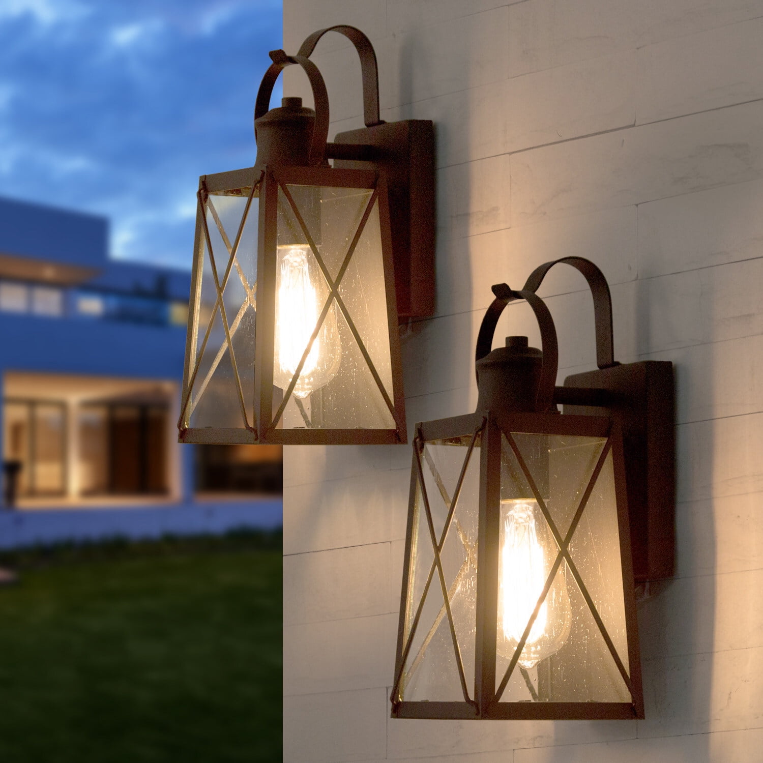LNC 2-Pack Modern Rustic Black Square Round Shape Outdoor Wall Lamp 2pcs/pack/ Seeded Glass