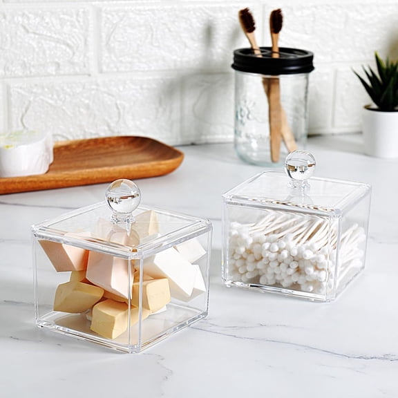 2-Pack Modern Square Acrylic Holder - Clear Apothecary Jars with Lids - Bathroom Vanity Storage Canister - Shatterproof Square Organizers for Cotton Swabs, Pads-Modern Minimalist Decor